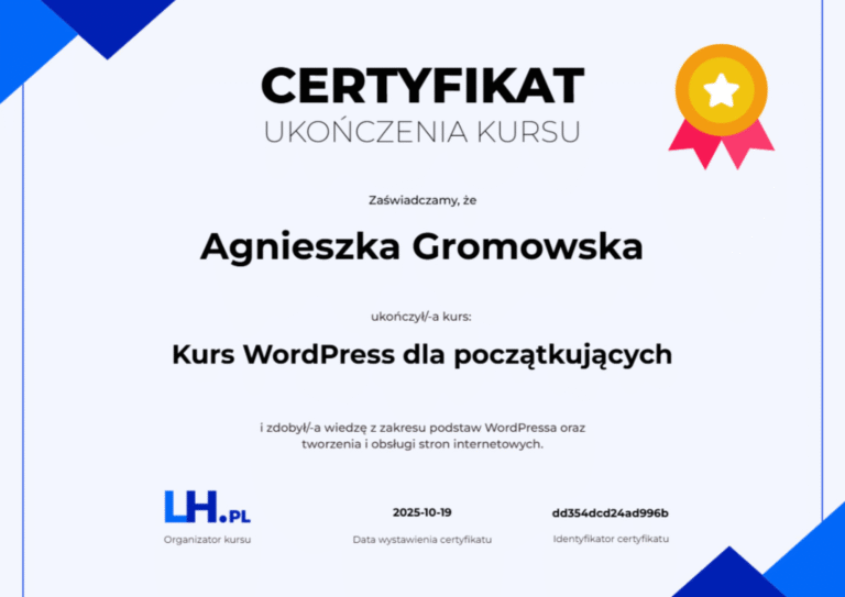 certyfikat lh.pl kurs wordpress dla początkujących
